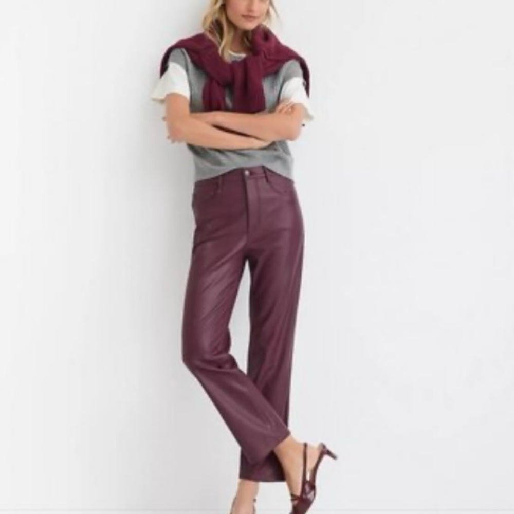 LOFT Five Pocket Straight Faux Leather Vegan High Rise Pants Smoked Garnet 28